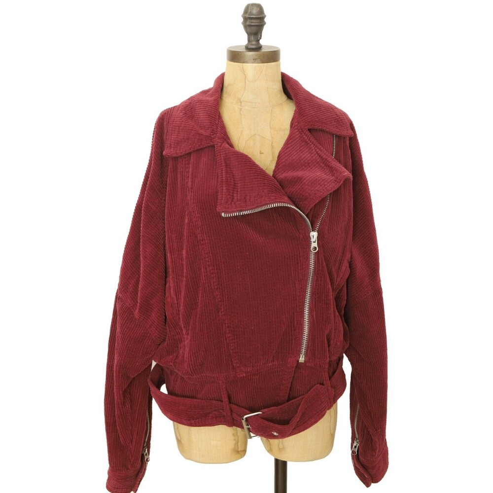 Free People Slouchy Dolman Moto Jacket Size M Zip Belt Burgundy Red B72 - Picture 2 of 9
